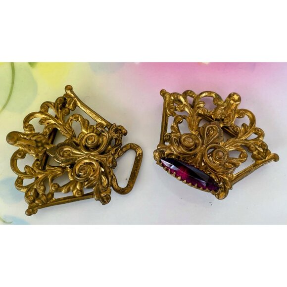 Antique Victorian OrnateBrass Dress Buckle With Ruby Red Glass Stone - Picture 4 of 8